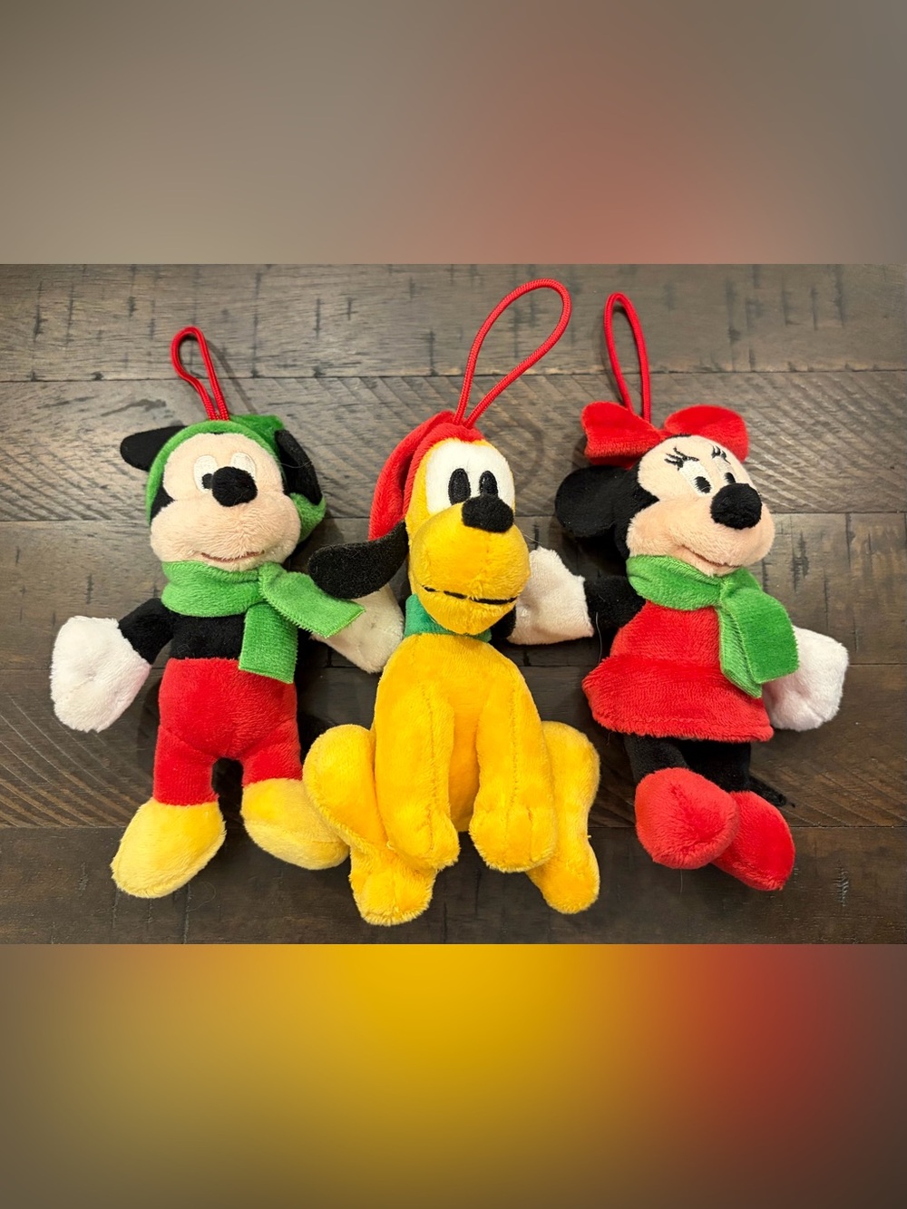 VTG Disney Store Christmas Plush Ornament Trio Lot - Mickey, Minnie & Pluto